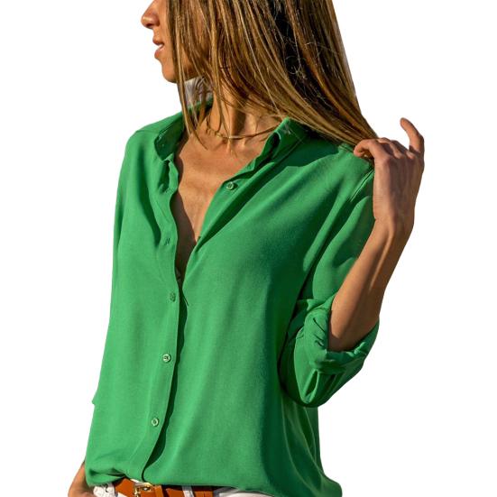 Women Sexy Buttons V Neck Solid Color Shirt Casual Autumn Long Sleeve Blouse