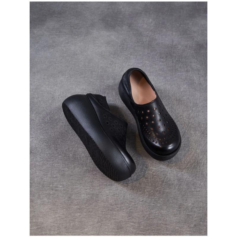 Johnature Echtes Leder Ausgeschnittene Keilsandalen mit dicker Sohle Bequeme und atmungsaktive Damen-Schlupfschuhe
