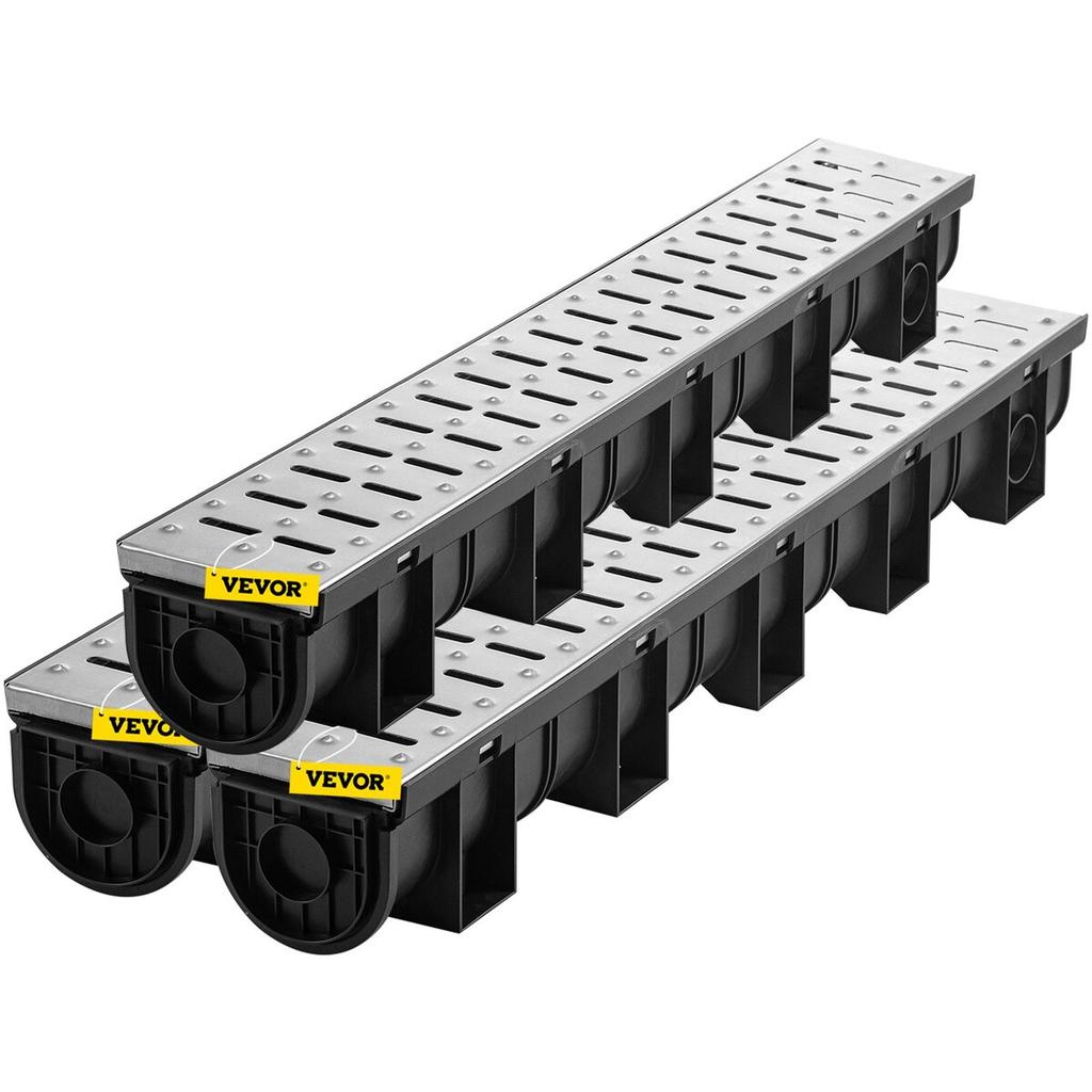 Trench Drain System, Channel Drain with Metal Grate, 150x130 Mm HDPE Drainage Trench, Black Plastic Garage Floor Drain, 3x39 Trench Drain Grate, with