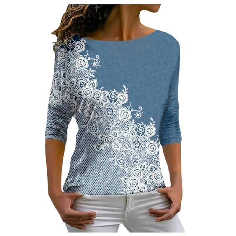 Autumn versatile long sleeved women's T-shirt with floral pattern printed regular retro casual O-Neck Bohemian multi-color top