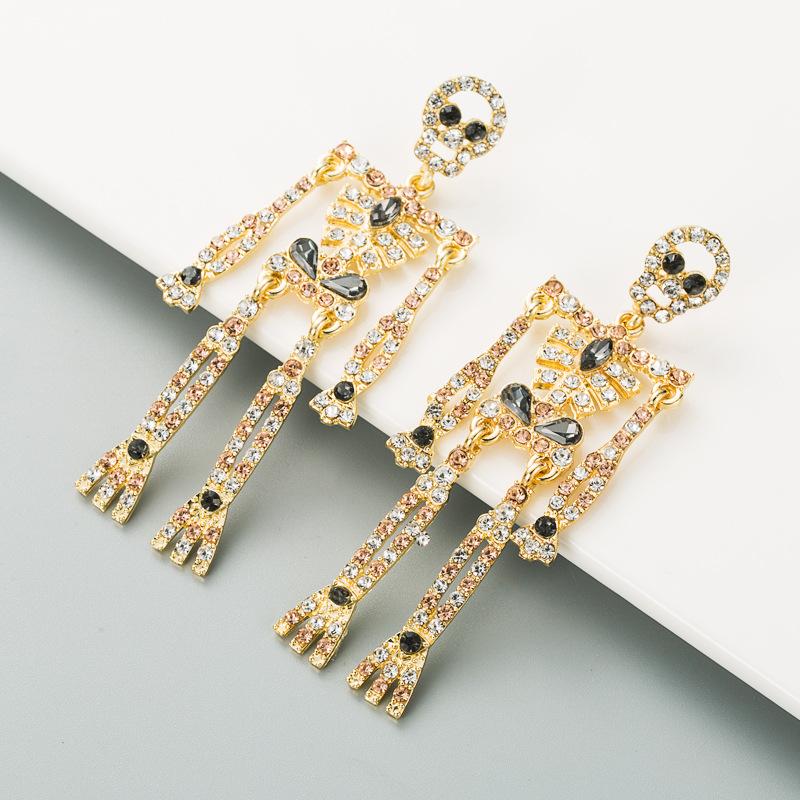 Women's Skeleton Alloy Rhinestone Drop Earrings Personality Long Exaggerated Earrings