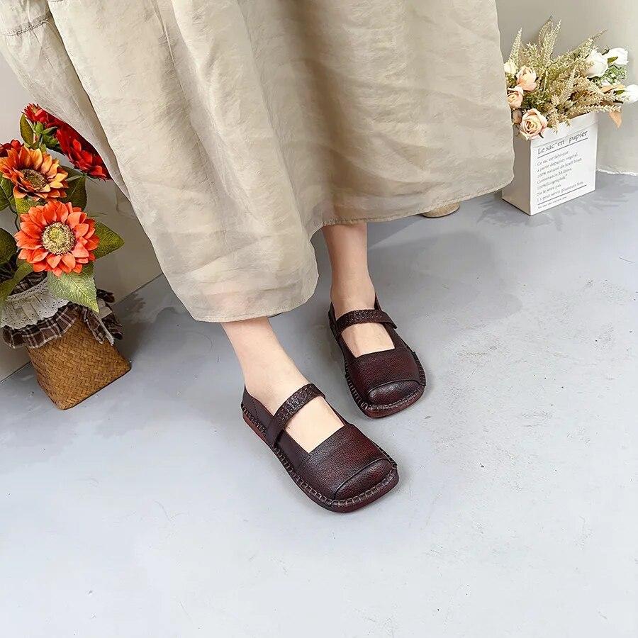Johnature Pantofi plati cu varf patrat din piele naturala de culoare solida Pantofi de dama retro din piele de vaci cu carlig si bucla