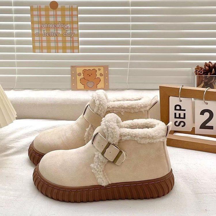 Versatile Warm Snow Boots Children's 2025 New Winter Piled Thickened Non-slip One-word Button Fluffy Cotton Shoes Women