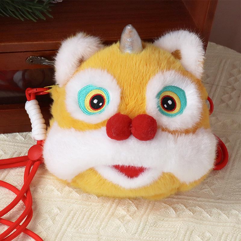 

New Year Lion Dance Plush Crossbody Bag - Red & Yellow Chinese Mascot Backpack 15cm, 0.09kg