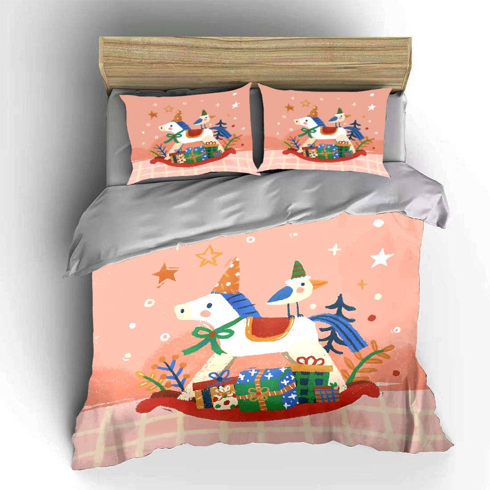 Christmas Horse and Gifts Scene Bedding Duvet Cover Set Duvet Cover Pillowcases (1*Duvet Cover 2*Pillowcases, Without Duvet Insert)