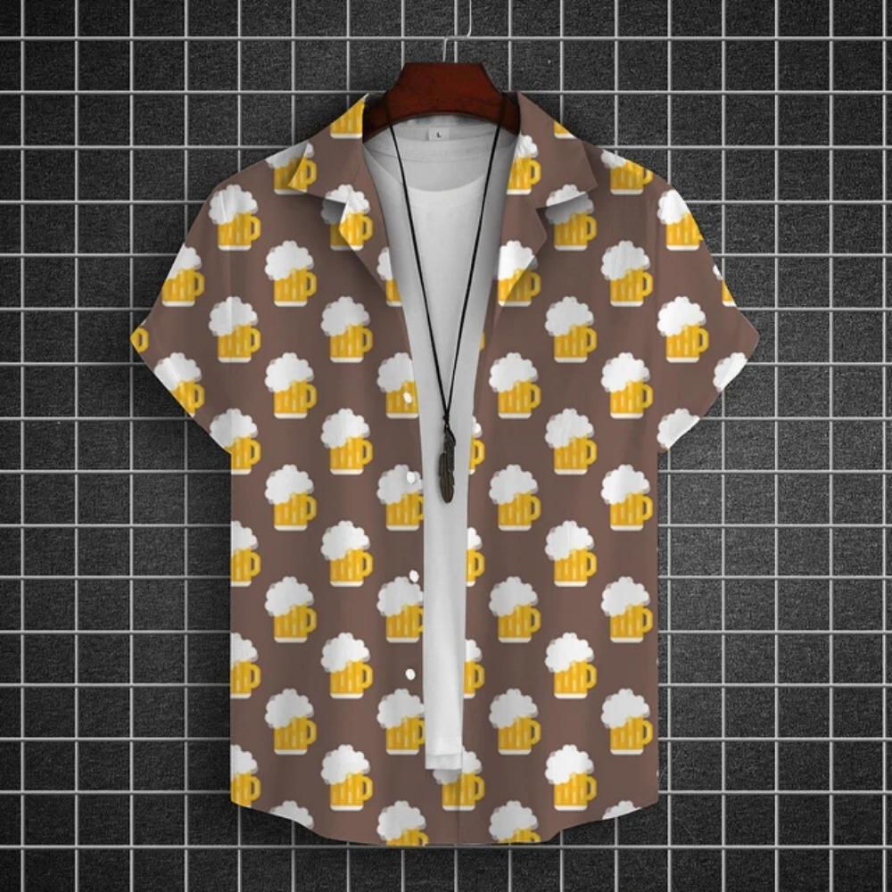 Hawajska Koszula Męska 3D z Nadrukiem Piwa Krótki Rękaw Koszule Koszulka na Imprezę Piwną T-shirty Letnie Codzienne Luźne Oversize Odzież Męska