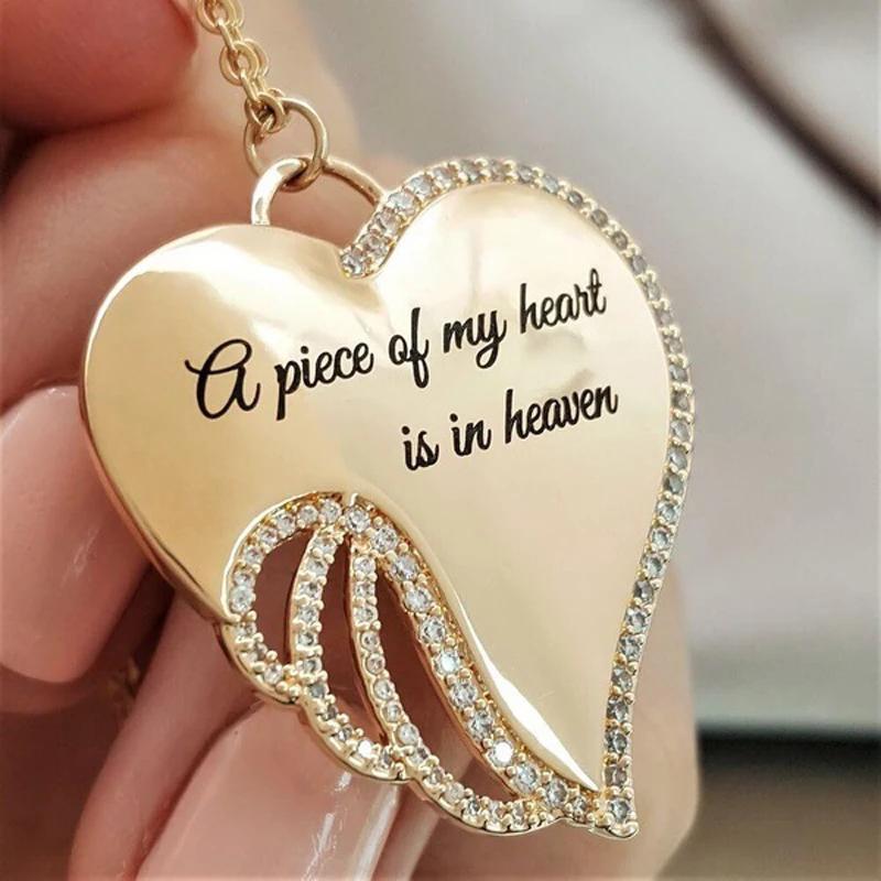 A Piece of My Heart is in Heaven Christian MEMORIAL NECKLACE Elegant Sacred Angel Wings Mourning Necklace золотой