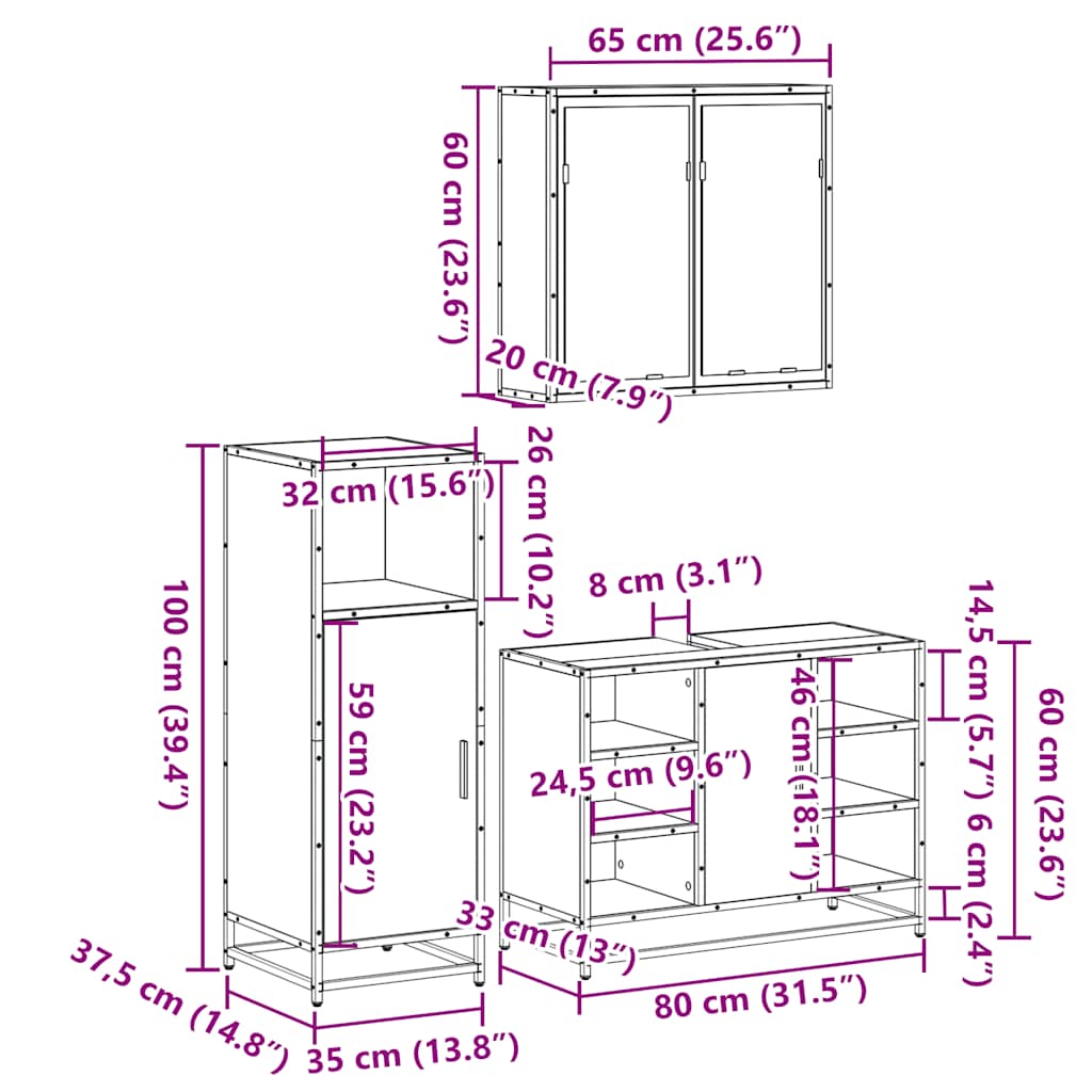 3 piece bathroom furniture set in Sonoma oak melamine faced board