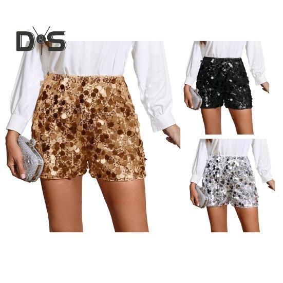 Sequin Shorts for Women Elastic Waist Straight Leg Sparkly Party Mini Shorts High Waist Shiny Nightclub Outfits