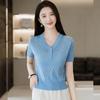 V-neck Ice Silk Short Sleeve T-Shirt Women Summer New Fashion Slim Fit Hollow Out Knitted  Short Top
