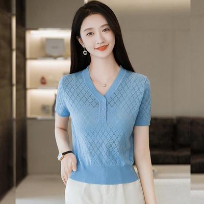 V-neck Ice Silk Short Sleeve T-Shirt Women Summer New Fashion Slim Fit Hollow Out Knitted  Short Top