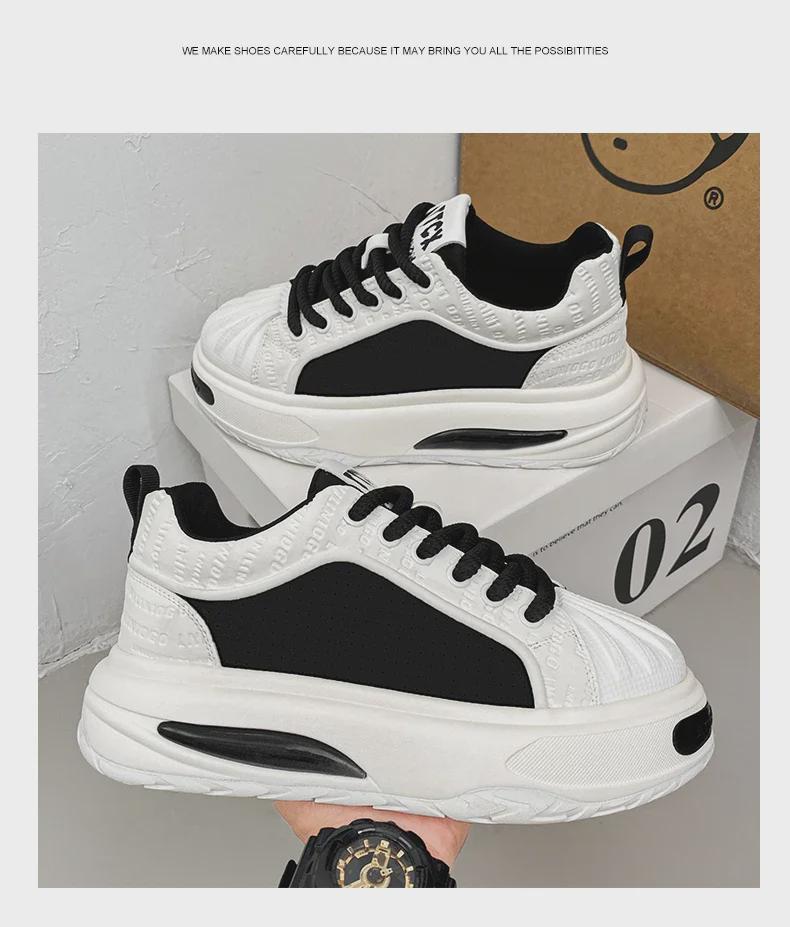 Schwarze Shell Toe Sneakers aus Leder für Herren – Dicke Sohle, trendige Herbst-Sportschuhe