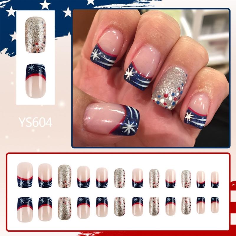 Independence Day Press on Nail Square Star False Nail 4th of July Designs Stick on Nail French Tip Nail Accesories