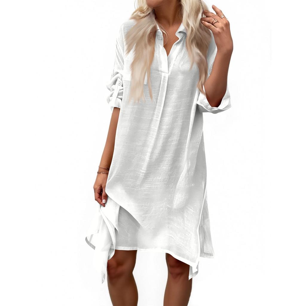 Women's Summer Solid Color Cotton And Linen V-Neck Long Sleeve Button Midi Dress