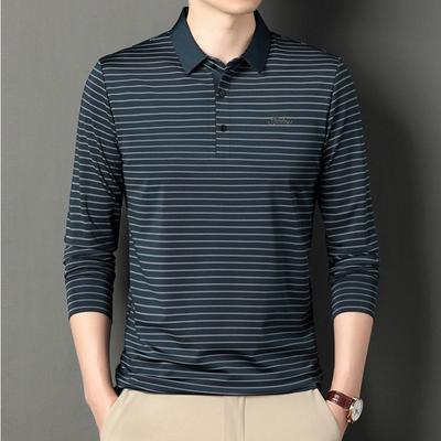 Nuova Maglietta a Maniche Lunghe da Uomo Autunnale Maglietta da Papà Senza Cuciture a Righe Larghe con Risvolto da Uomo Abbigliamento da Uomo