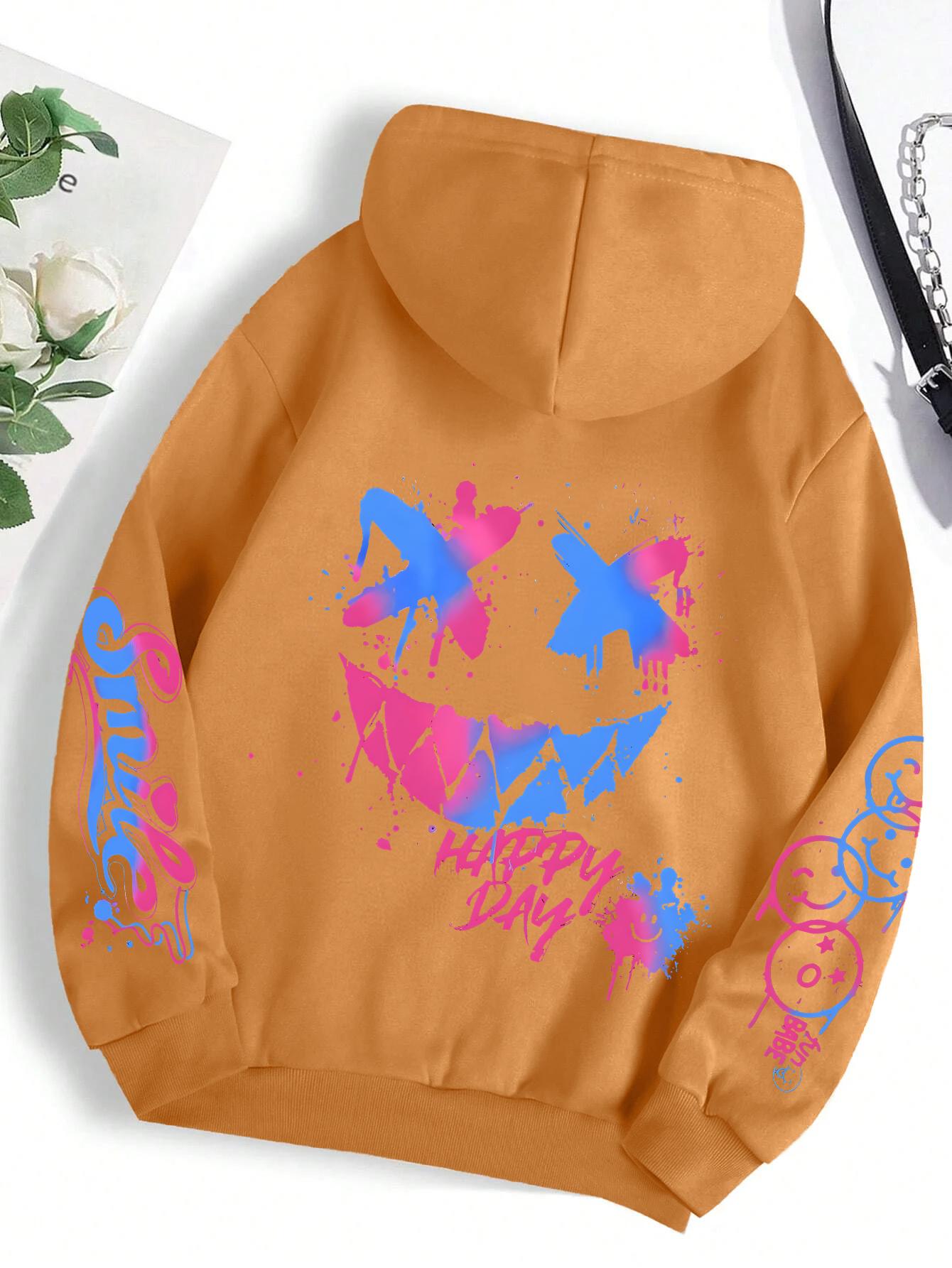 

Happy Day Graffiti Print Women Hoodie Street Hip Hop Hoody Fashion Crewneck Versatile Hoodies Vintage Oversize Clothes Female XL