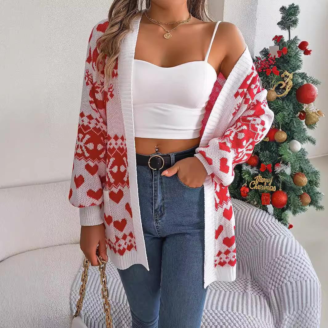 

QICED Autumn Winter Christmas Reindeer Pocket Long-sleeved Cardigan Sweater Coat Women s Wear L белый