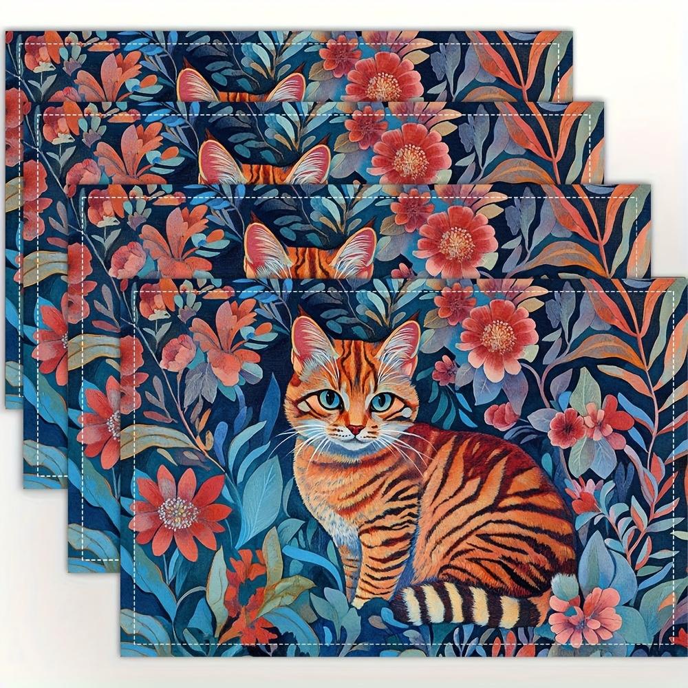 4pcs Bengal Cat Botanical Placemats Art Nouveau Print Washable Polyester Table Mats for Dining Kitchen Home Decor 4PCS