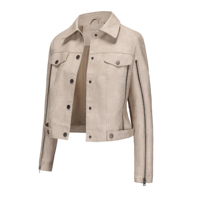 Women Leather Jacket Slim Fit Pu Zipper Outerwear Long Sleeve Lapel Collar for Fall Winter