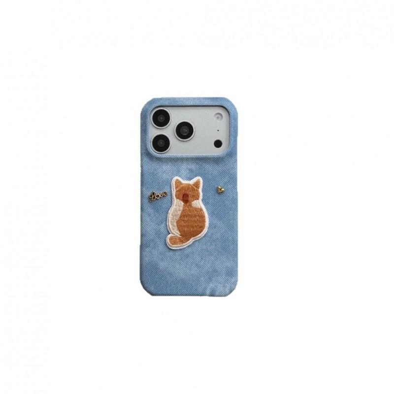 Embroidered Cat Denim Fabric Phone Case IPhone 17 Pro Max 16 15 13 Protective Cover Soft Stitched Design