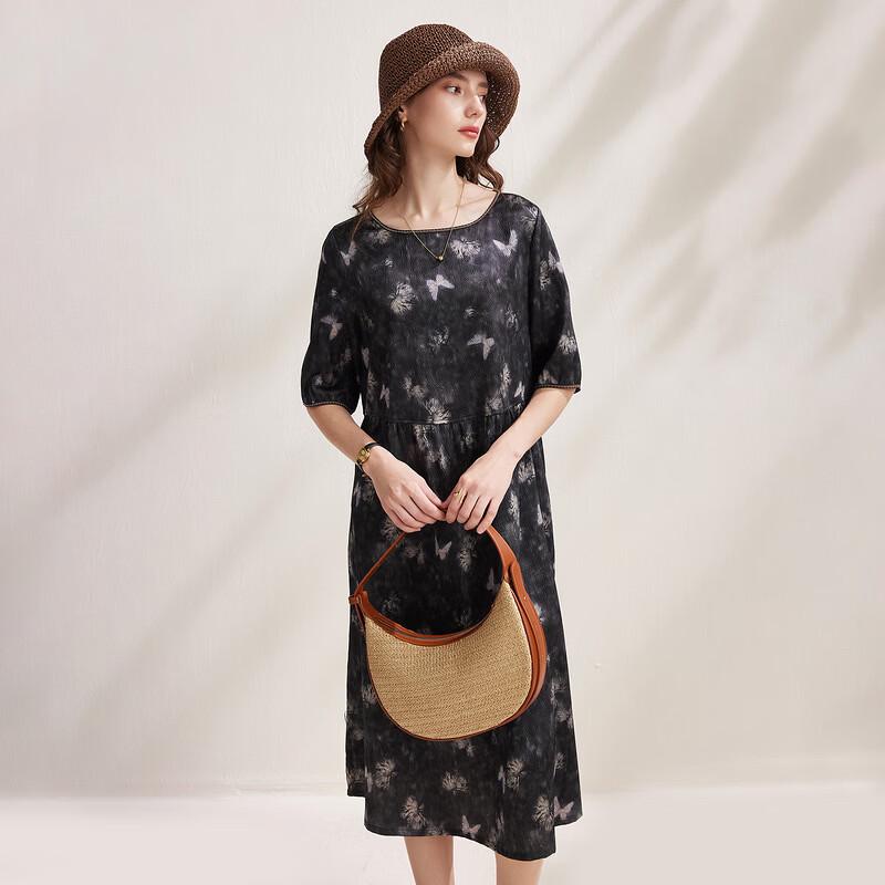 Zhaojun Women's Mulberry Silk Ink Print Midi Dress