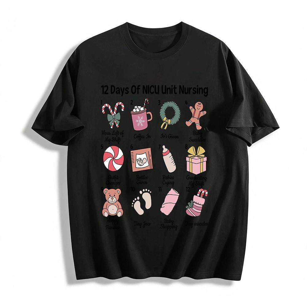 12 Days Of NICU Unit Nursing Christmas Themed Nurse Top Pure cotton T-shirt XXS