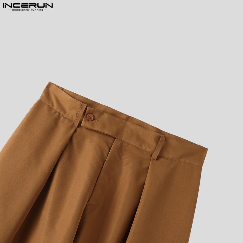 INCERUN Men High Zip-up Waist Solid Casual Pleating Long Wide Legs Pants Trousers
