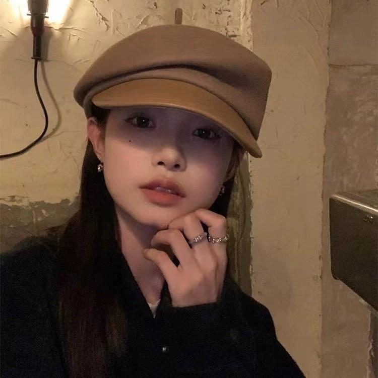 French Elegant Wool and Leather Octagonal Hat Women's Autumn and Winter Trendy Versatile Little Painter's Hat  Newsboy Hat