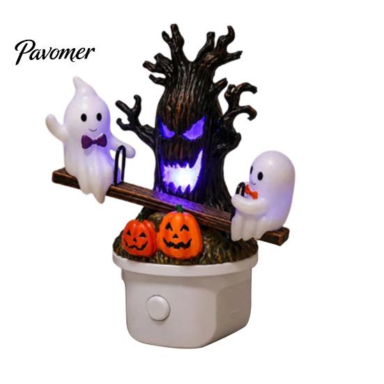 Spooky Tree And Pumpkin Decor Animated Seesaw Ghosts Night Light, Halloween Plug-in Lamp with Decorative Light Moving Figurines, Glowing for