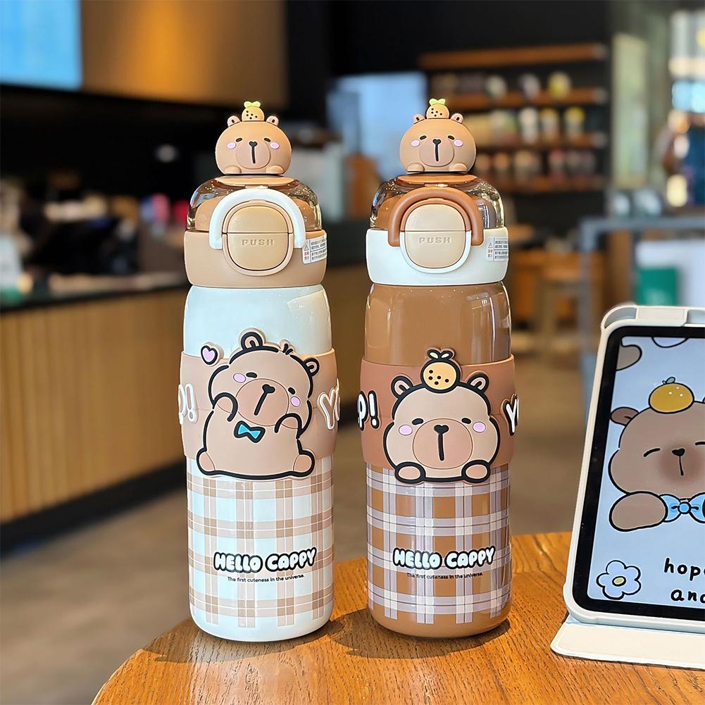Kawaii Capybara Water Bottle Stainless Steel Vacuum Insulated Tumbler with Lid & Silicone Straw for Student 520ml