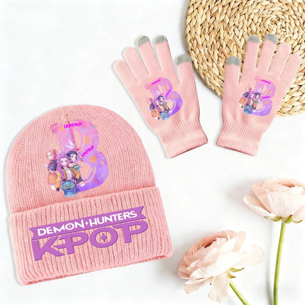 2 Pièces Kpop Demon Hunters Casquette Tricotée Imprimée Lettres et Mitaines Collection Épaissie Coupe-vent Chaud Accessoires Saison Froide conçus pour les Filles white