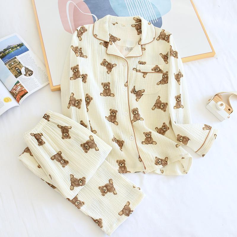 Women's Long-sleeved Trousers 100% Cotton Pajamas Double-layer Gauze Loungewear Crepe Breathable Cartoon Bear Print Pyjamas