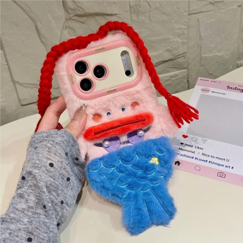 3D Cartoons Mermaid Plush Phone Case for iPhone 11 12 13 14 15 16 17 Pro Max Plus and Xiaomi 17 Pro 15 14 13 Ultra Cute Fluffy Winter Shockproof