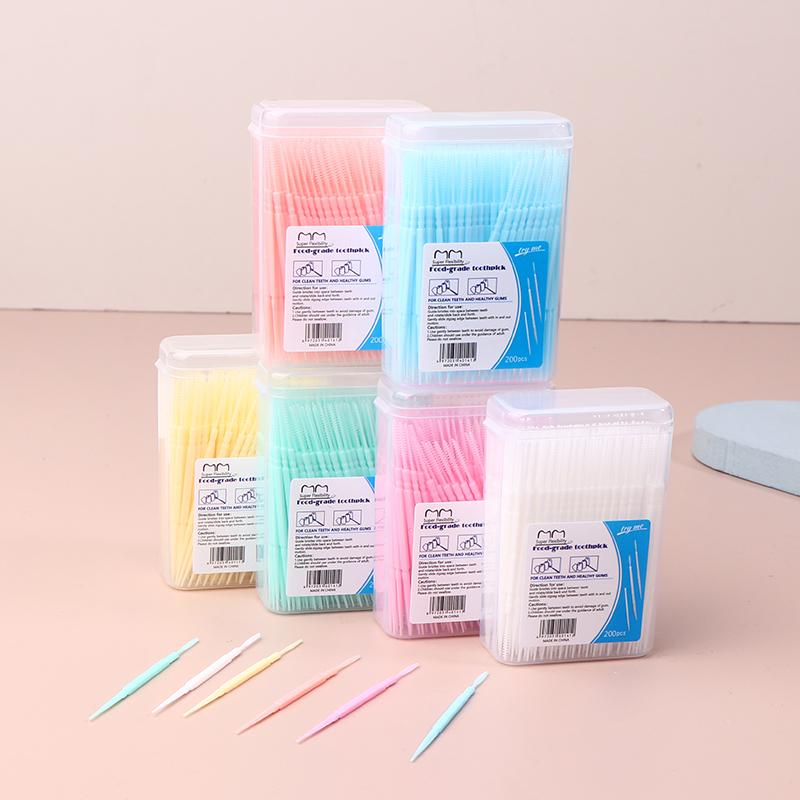 200 Boxed Plastic Toothpicks Disposable Household Bulk Interdental Brush Toothpick Line