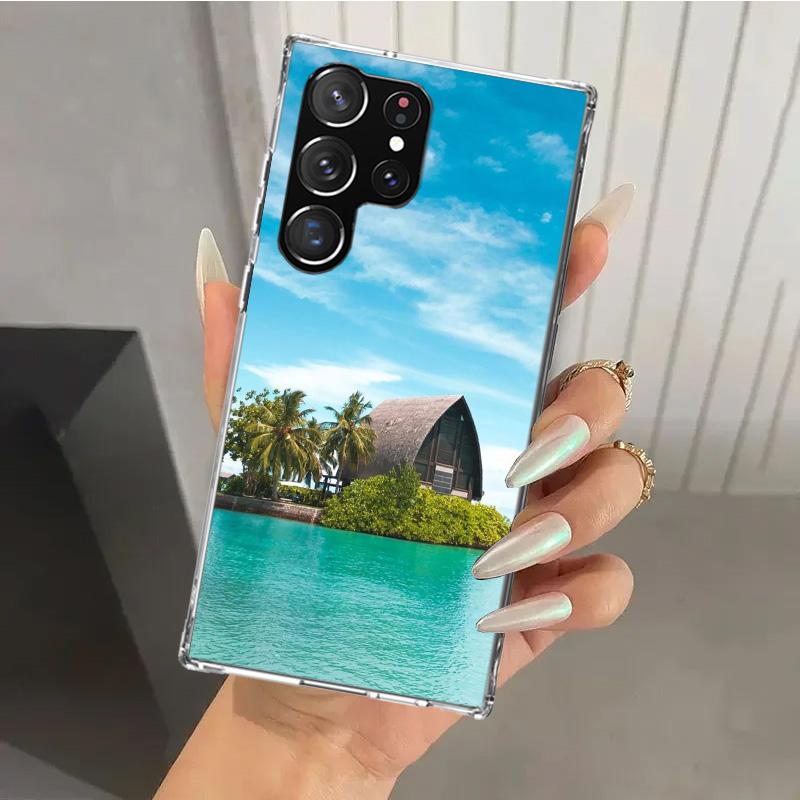 Letni Zachód Słońca nad Morzem z Palmą Etui na Telefon dla Samsung Galaxy S26 S24 S23 Ultra S25 Edge S22 S21 Plus S20 FE + Miękki Nadruk Osłona