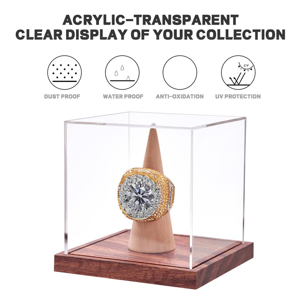 Large Championship Rings Holder Clear Acrylic Display Case Protective Wood Base Storage Rack for Baseball Rings
