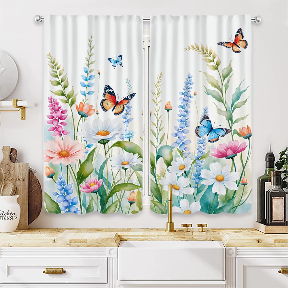 Piece Set High Definition Digital Printed Curtainwatercolor Floral Butterflies Pastel Colors Curtain Stylehome With Rod Pocket Polyester