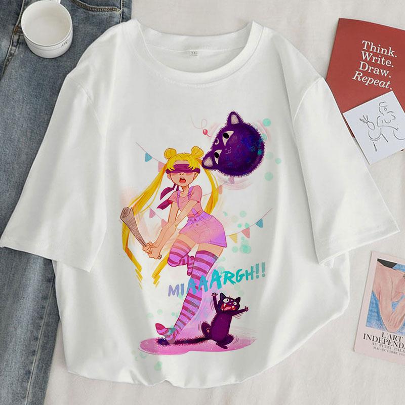 Camiseta con estampado Kawaii de Anime japonés para mujer, remera Harajuku de estética blanca y rosa, camiseta para mujer 2022