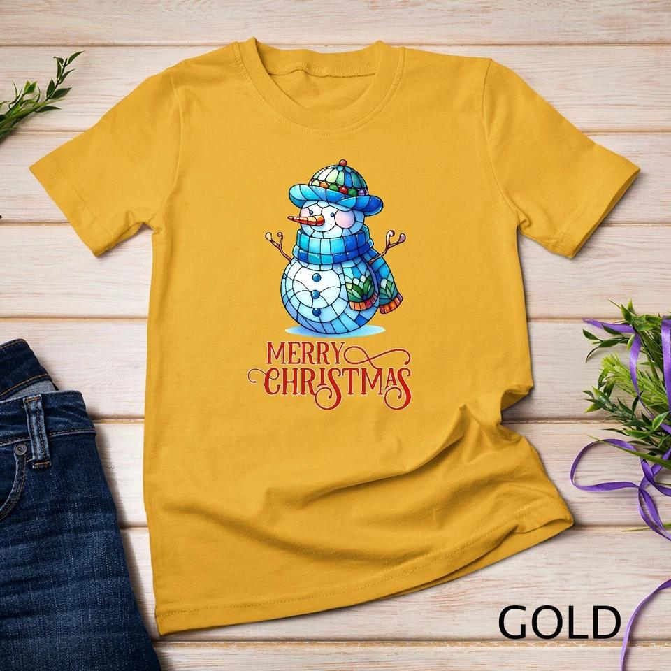 Cute Stained Glass Snowman Christmas Graphic Tee Funny Christmas Unisex T-shirt 5 S