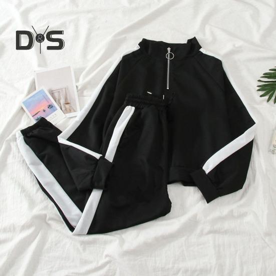 2 stk/sett Sweatshirt Bukser Sett Stativ Krage Glidelås Løs Myk Elastisk midje Ankelbånd Brede benlommer Fargematchende kvinner Høst Vår Joggedress