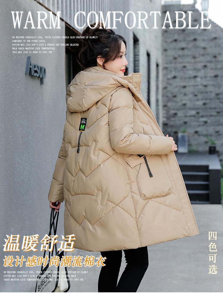 Down cotton-padded clothes for women's medium and long models, new loose and thin cotton-padded clothes, thickened hooded cotton-padded jackets, win