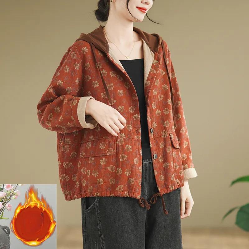 Spring and Autumn Loose Large Size Printing Plus Velvet Thick Hooded Retro Ladies Casual Jacket