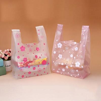 100 Plastic Bag with Handle Sakura 4 Sizes Transparent Supermarket Grocery Shopping Kitchen Storage Organization Packaging Gift