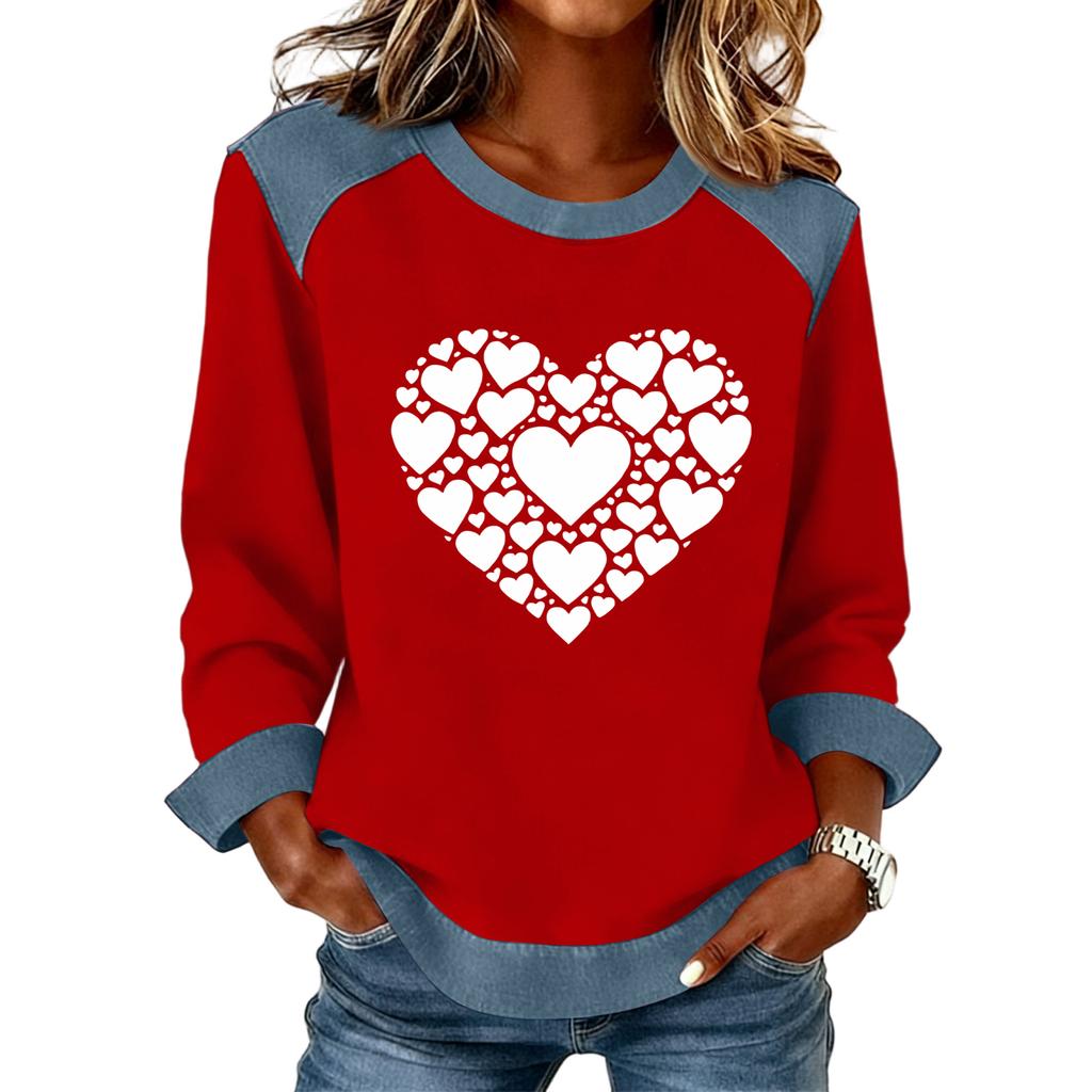 Women Denim Collar Patchwork Stitching Sweatshirt Casual  Pullover Long Sleeve Shirts