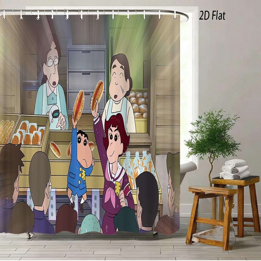 Crayon Shin-Chan & Friends Adventure 2D Print Waterproof Shower Curtain, Anime Bathroom Decor With Hooks