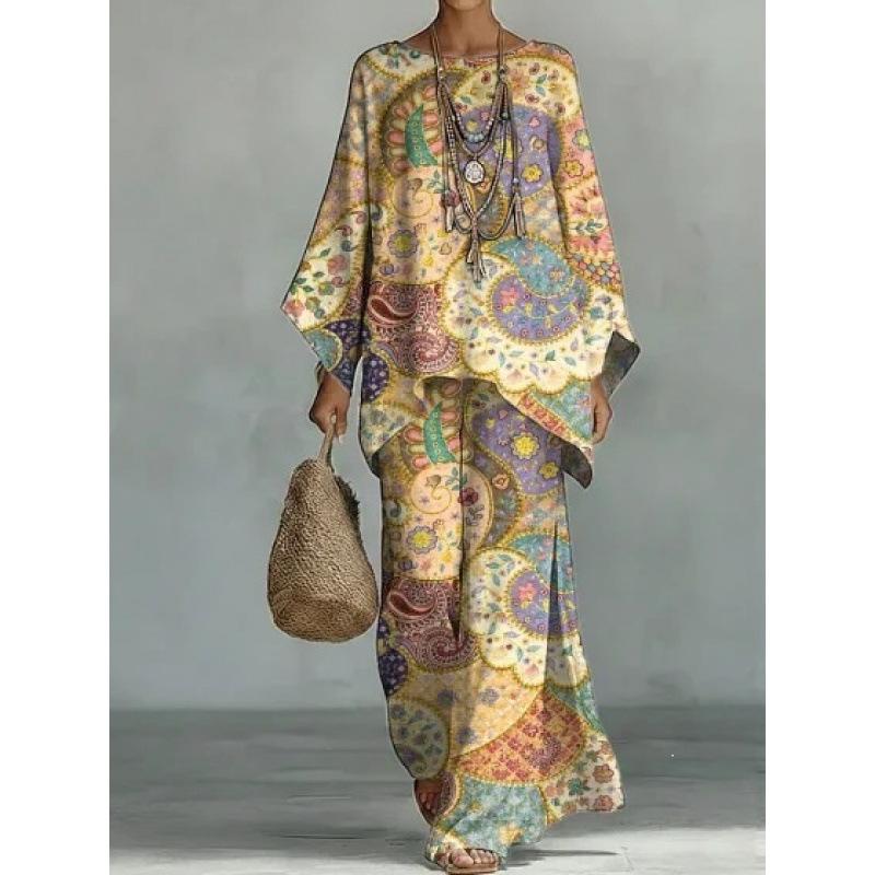 1116 New Retro Bohemian Cashew Flower Set, Crew Neck Flared Sleeve Top + Two Pieces of Wide-leg Pants.