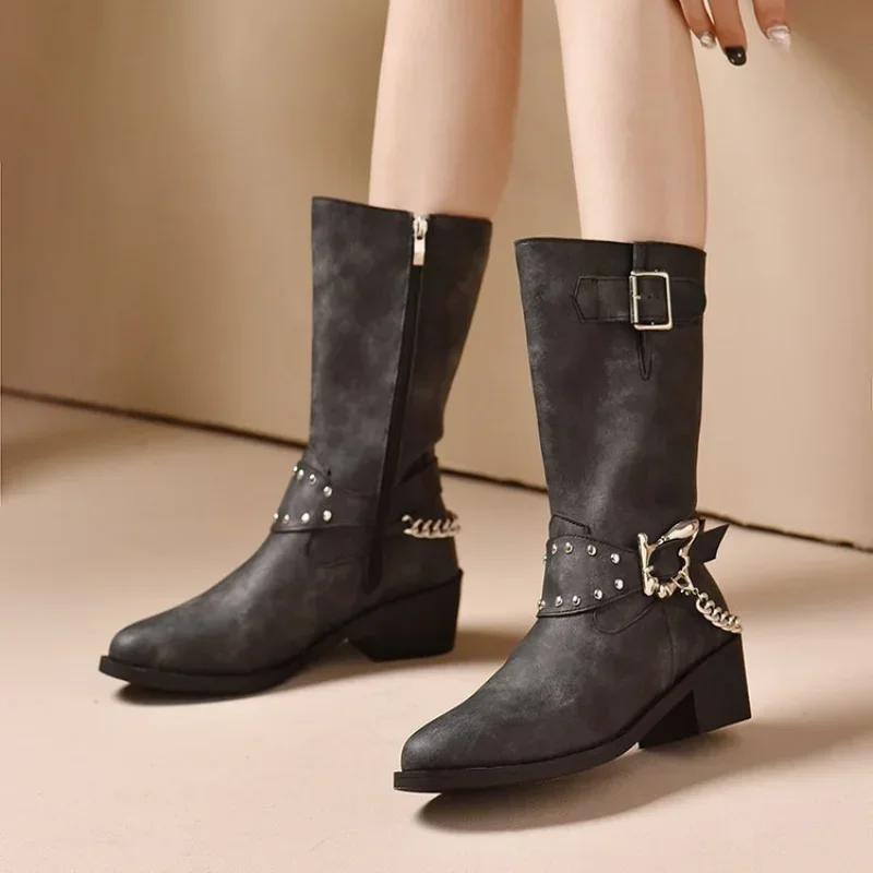 Módní boty s přezkou do půli lýtek pro ženy Západní kovbojské boty na silném podpatku PU kůže Punk gotické boty Moto boty 2024