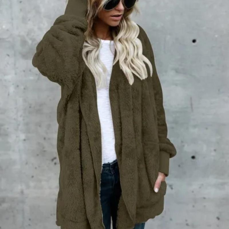 Herbst Winter Doppel Fleece Strickjacke Jacke Frauen Einfarbig Langarm Plüsch Warme Kapuze Dame Jacke Übergroßen Oberbekleidung Mantel