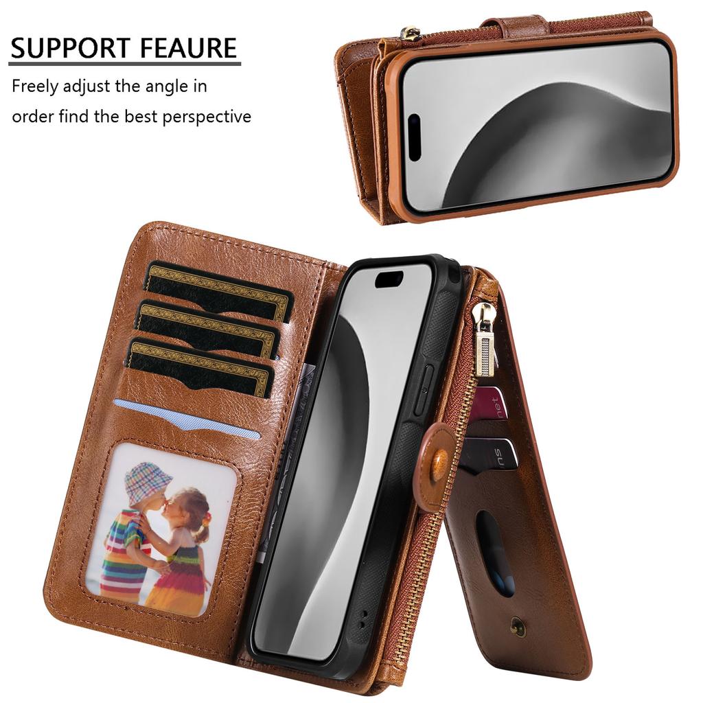 For iPhone 16 Pro Magnetic Case Detachable PU Leather Zipper Wallet Cover
