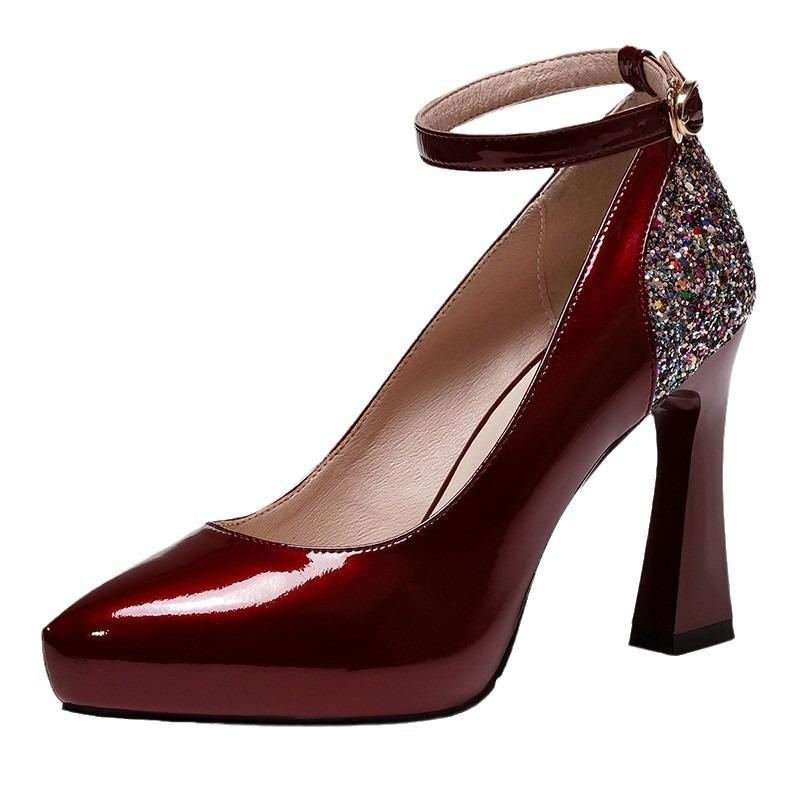 Pointed water platform thick heel high heels spring new shallow mouth single shoes one-word buckle sequins patent leather fashion women's shoes